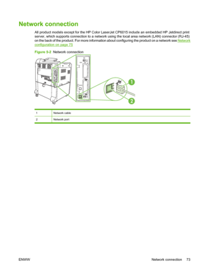 Page 87Network connection
All product models except for the HP Color LaserJet CP6015 include an embedded HP Jetdirect print
server, which supports connection  to a network using the local area network (LAN) connector (RJ-45)
on the back of the product. For more informatio n about configuring the product on a network see 
Network
configuration on page 75
Figure 5-2   Network connection
1
2
1Network cable
2Network port
ENWW Network connection 73
 