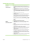 Page 157Embedded Web server sections
Tab or sectionOptions
Information tab
Provides product, status, and
configuration information● Device Status: Shows the product status and shows the life remaining of
HP supplies, with 0% indicating that a s
upply is empty. The page also shows the type
and size of print paper set for each tr ay. To change the default settings, click  Change
Settings .
● Configuration Page
: Shows the information found on the configuration page.
● Supplies Status: Shows the life remaining of...