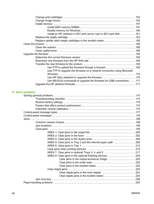 Page 10Change print cartridges ...................................................................................................  152
Change image drums ...................................................................................................... 154
Install memory ................................................................................................................. 157
Install DDR memory DIMMs ............................................................................ 157
Enable memory...