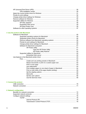 Page 6HP Universal Print Driver (UPD) ........................................................................................................ 50
UPD installation modes ..................................................................................................... 50
Select the correct printer driver for Windows ..................................................................................... 51
Priority for print settings...