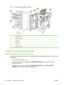 Page 118Figure 7-2  Booklet-maker finisher accessory
5642
1
3
1Booklet output bin
2Stacking output bins
3Front door
4Stapler units
5Top cover
6Connection cable
Configure the accessory operation mode
Select the operating mode at the control panel
You can set the operating mode for the 3-bin stapler/stacker or the booklet maker finisher at the product
control panel.
1.At the control panel, press Menu.
2.Press the down arrow 
 to highlight the CONFIGURE DEVICE menu, and then press the
checkmark button 
.
3.Press...