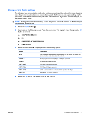 Page 91Link speed and duplex settings
The link speed and communication mode of the print server must match the network. For most situations,
leave the product in automatic mode. Incorrect changes to the link speed and duplex settings might
prevent the product from communicating with other network devices. If you need to make changes, use
the product control panel.
NOTE:Making changes to these settings causes the product to turn off and then on. Make changes
only when the product is idle.
1. Press the  Home...