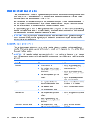 Page 94Understand paper use
This product supports a variety of paper and other print media in accordance with the guidelines in this
user guide. Paper or print media that does not meet these guidelines might cause poor print quality,
increased jams, and premature wear on the product.
For best results, use only HP-brand paper and print media designed for laser printers or multiuse. Do
not use paper or print media made for inkjet printers. Hewlett-Packard Company cannot recommend
the use of other brands of media...