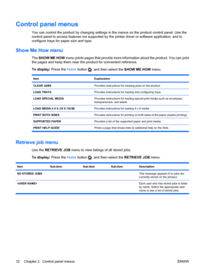 Page 26Control panel menus
You can control the product by changing settings in the menus on the product control panel. Use the
control panel to access features not supported by the printer driver or software application, and to
configure trays for paper size and type.
Show Me How menu
The SHOW ME HOW  menu prints pages that provide more information about the product. You can print
the pages and keep them near the product for convenient reference.
To display: Press the  Home button 
, and then select the  SHOW...