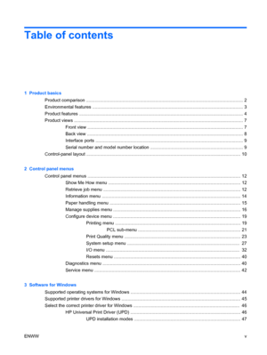 Page 7Table of contents
1  Product basicsProduct comparison ............................................................................................................ ................. 2
Environmental features ........................................................................................................ ................ 3
Product features .............................................................................................................. ..................... 4
Product views...