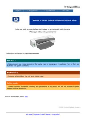 Page 1HP Designjet 100plus
Welcome to your HP Designjet 100plus color personal printer
In this user guide we present all you need to know to get high-quality prints from your
HP Designjet 100plus color personal printer
§ Information is organized in three major categories:
How do I....?
...helps   you   carry   out   various   procedures   like   loading   paper   or   changing   an   ink   cartridge.   Many   of   them   are  
illustrated with graphic animations. 
The Problem Is...
...helps you solve problems...