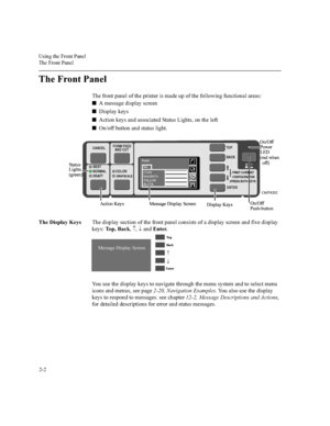 Page 278VLQJWKH)URQW3DQHO
7KH)URQW3DQHO

7KH)URQW3DQHO
7KHIURQWSDQHORIWKHSULQWHULVPDGHXSRIWKHIROORZLQJIXQFWLRQDODUHDV
n
$PHVVDJHGLVSOD\VFUHHQ
n
LVSOD\NH\V
n
$FWLRQNH\VDQGDVVRFLDWHG6WDWXV/LJKWVRQWKHOHIW
n
2QRIIEXWWRQDQGVWDWXVOLJKW
7KHLVSOD\.H\V7KHGLVSOD\VHFWLRQRIWKHIURQWSDQHOFRQVLVWVRIDGLVSOD\VFUHHQDQGILYHGLVSOD\
NH\V7RS%DFN­
¯
DQG(QWHU
