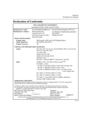 Page 2665HIHUHQFH
HFODUDWLRQRI&RQIRUPLW\


HFODUDWLRQRI&RQIRUPLW\
(&/$5$7,212)&21)250,7<
DFFRUGLQJWR,62,(&*XLGHDQG(1
0DQXIDFWXUHU¶V1DPH
0DQXIDFWXUHU¶V$GGUHVV+HZOHWW3DFNDUG(VSDxROD6$
%DUFHORQDLYLVLRQ
$YHQLGD*UDHOOV
6DQW&XJDWGHO9DOOHV
+3HVLJQ-HW&DQG&0,QNMHW3ULQWHUV HFODUHVWKDWWKHSURGXFW
3URGXFW1DPH
0RGHO1XPEHUV
3URGXFW$FFHVVRU\+3&;+3&;
$OO
&RQIRUPVWRWKHIROORZLQJ3URGXFW6SHFLILFDWLRQ
6DIHW\,(&...