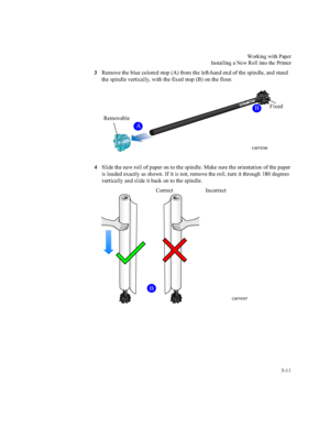 Page 66:RUNLQJZLWK3DSHU
,QVWDOOLQJD1HZ5ROOLQWRWKH3ULQWHU


5HPRYHWKHEOXHFRORUHGVWRS$IURPWKHOHIWKDQGHQGRIWKHVSLQGOHDQGVWDQG
WKHVSLQGOHYHUWLFDOO\ZLWKWKHIL[HGVWRS%RQWKHIORRU
6OLGHWKHQHZUROORISDSHURQWRWKHVSLQGOH0DNHVXUHWKHRULHQWDWLRQRIWKHSDSHU
LVORDGHGH[DFWO\DVVKRZQ,ILWLVQRWUHPRYHWKHUROOWXUQLWWKURXJKGHJUHHV
YHUWLFDOO\DQGVOLGHLWEDFNRQWRWKHVSLQGOH
%
&
)L[HG
5HPRYDEOH
$
&RUUHFW ,QFRUUHFW
&
%
 