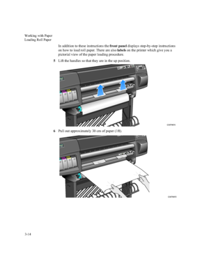 Page 69:RUNLQJZLWK3DSHU
/RDGLQJ5ROO3DSHU

,QDGGLWLRQWRWKHVHLQVWUXFWLRQVWKHIURQWSDQHOGLVSOD\VVWHSE\VWHSLQVWUXFWLRQV
RQKRZWRORDGUROOSDSHU7KHUHDUHDOVRODEHOVRQWKHSULQWHUZKLFKJLYH\RXD
SLFWRULDOYLHZRIWKHSDSHUORDGLQJSURFHGXUH
/LIWWKHKDQGOHVVRWKDWWKH\DUHLQWKHXSSRVLWLRQ
3XOORXWDSSUR[LPDWHO\FPRISDSHUIW
&
1243
231
P DESIGNJET1050 C
231
P DESIGNJET1050 C
1243
1
&
 