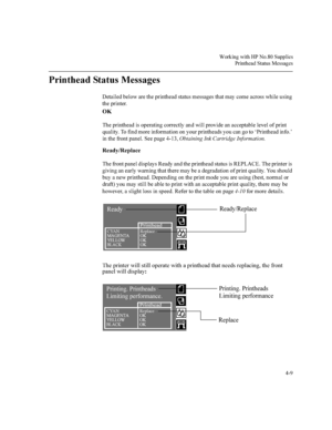 Page 94:RUNLQJZLWK+31R6XSSOLHV
3ULQWKHDG6WDWXV0HVVDJHV


3ULQWKHDG6WDWXV0HVVDJHV
HWDLOHGEHORZDUHWKHSULQWKHDGVWDWXVPHVVDJHVWKDWPD\FRPHDFURVVZKLOHXVLQJ
WKHSULQWHU
2.
7KHSULQWKHDGLVRSHUDWLQJFRUUHFWO\DQGZLOOSURYLGHDQDFFHSWDEOHOHYHORISULQW
TXDOLW\7RILQGPRUHLQIRUPDWLRQRQ\RXUSULQWKHDGV\RXFDQJRWRµ3ULQWKHDGLQIR¶
LQWKHIURQWSDQHO6HHSDJH2EWDLQLQJ,QN&DUWULGJH,QIRUPDWLRQ
5HDG\5HSODFH...