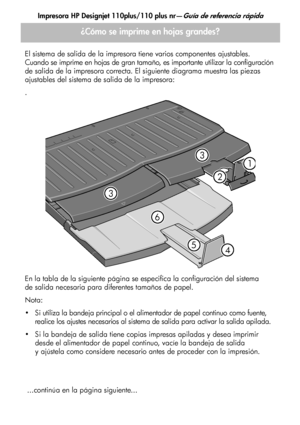 Page 112Impresora HP Designjet 110plus/110 plus nr—Guía de referencia rápida
6
¿Cómo se imprime en hojas grandes?
El sistema de salida de la impresora tiene varios componentes ajustables.
Cuando se imprime en hojas de gran tamaño, es importante utilizar la configuración 
de salida de la impresora correcta. El siguiente diagrama muestra las piezas 
ajustables del sistema de salida de la impresora:
.
En la tabla de la siguiente página se especifica la configuración del sistema
de salida necesaria para diferentes...