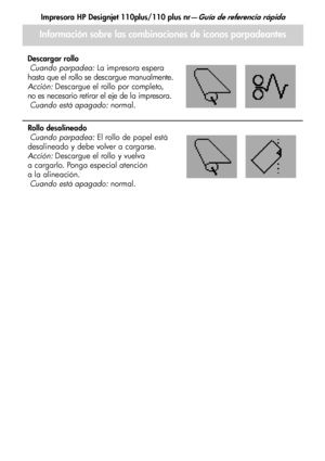 Page 125Impresora HP Designjet 110plus/110 plus nr—Guía de referencia rápida
19
Información sobre las combinaciones de iconos parpadeantes
Descargar rollo
 Cuando parpadea: La impresora espera 
hasta que el rollo se descargue manualmente.
Acción: Descargue el rollo por completo, 
no es necesario retirar el eje de la impresora.
 Cuando está apagado: normal.
Rollo desalineado
 Cuando parpadea: El rollo de papel está 
desalineado y debe volver a cargarse.
Acción: Descargue el rollo y vuelva 
a cargarlo. Ponga...