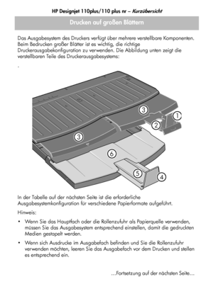 Page 86HP Designjet 110plus/110 plus nr – Kurzübersicht
6
Drucken auf großen Blättern
Das Ausgabesystem des Druckers verfügt über mehrere verstellbare Komponenten. 
Beim Bedrucken großer Blätter ist es wichtig, die richtige 
Druckerausgabekonfiguration zu verwenden. Die Abbildung unten zeigt die 
verstellbaren Teile des Druckerausgabesystems:
.
In der Tabelle auf der nächsten Seite ist die erforderliche 
Ausgabesystemkonfiguration für verschiedene Papierformate aufgeführt.
Hinweis:
 Wenn Sie das Hauptfach oder...