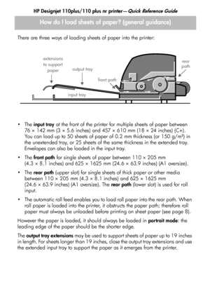 Page 4
HP Designjet 110plus/110 plus nr printer—Quick Reference Guide
2
There are three ways of loading sheets of paper into the printer:
The 
input tray  at the front of the printer for multiple sheets of paper between 
76×142mm (3×5.6inches) and 457×610 mm (18×24inches) (C+). 
You can load up to 50 sheets of paper of 0.2 mm thickness (or 150 g/m²) in 
the unextended tray, or 25 sheets of the same thickness in the extended tray. 
Envelopes can also be loaded in the input tray.
The  front path  for single...