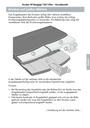 Page 163Drucker HP Designjet 130/130nr – Kurzübersicht
11
Deutsch
Drucken auf großen Blättern
Das Ausgabesystem des Druckers verfügt über mehrere verstellbare 
Komponenten. Beim Bedrucken großer Blätter ist es wichtig, die richtige 
Druckerausgabekonfiguration zu verwenden. Die Abbildung unten zeigt die 
verstellbaren Teile des Druckerausgabesystems:
In der Tabelle auf der nächsten Seite ist die erforderliche 
Ausgabesystemkonfiguration für verschiedene Papierformate aufgeführt.
Hinweis:
 Bei Verwendung des...