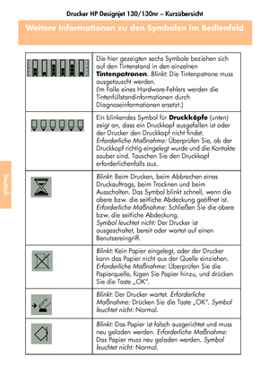 Page 192Drucker HP Designjet 130/130nr – Kurzübersicht
40
Deutsch
Weitere Informationen zu den Symbolen im Bedienfeld
Die hier gezeigten sechs Symbole beziehen sich 
auf den Tintenstand in den einzelnen 
Tintenpatronen. Blinkt: Die Tintenpatrone muss 
ausgetauscht werden. 
(Im Falle eines Hardware -Fehlers werden die 
Tintenfüllstandinformationen durch 
Diagnoseinformationen ersetzt.)
Ein blinkendes Symbol für Druckköpfe (unten) 
zeigt an, dass ein Druckkopf ausgefallen ist oder 
der Drucker den Druckkopf nicht...