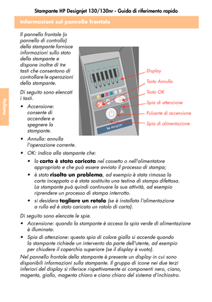 Page 140Stampante HP Designjet 130/130nr - Guida di riferimento rapido
38
Italiano
Informazioni sul pannello frontale
Il pannello frontale (o 
pannello di controllo) 
della stampante fornisce 
informazioni sullo stato 
della stampante e 
dispone inoltre di tre 
tasti che consentono di 
controllare le operazioni 
della stampante.
Di seguito sono elencati 
itasti.
 Accensione: 
consente di 
accendere e 
spegnere la 
stampante. 
 Annulla: annulla 
loperazione corrente.
 OK: indica alla stampante che:
la carta è...