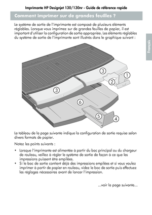 Page 63Imprimante HP Designjet 130/130nr - Guide de référence rapide
11
Français
Comment imprimer sur de grandes feuilles ?
Le système de sortie de limprimante est composé de plusieurs éléments 
réglables. Lorsque vous imprimez sur de grandes feuilles de papier, il est 
important dutiliser la configuration de sortie appropriée. Les éléments réglables 
du système de sortie de limprimante sont illustrés dans le graphique suivant :
Le tableau de la page suivante indique la configuration de sortie requise selon...