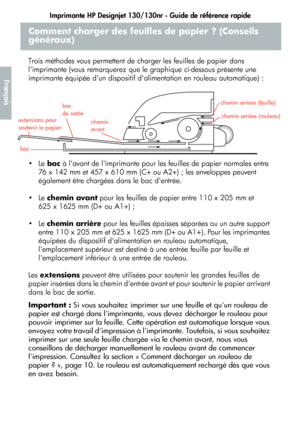 Page 56Imprimante HP Designjet 130/130nr - Guide de référence rapide
4
Français
Comment charger des feuilles de papier ? (Conseils 
généraux)
Trois méthodes vous permettent de charger les feuilles de papier dans 
limprimante (vous remarquerez que le graphique ci-dessous présente une 
imprimante équipée dun dispositif dalimentation en rouleau automatique) :
Le bac à lavant de limprimante pour les feuilles de papier normales entre 
76 x 142 mm et 457 x 610 mm (C+ ou A2+) ; les enveloppes peuvent 
également être...