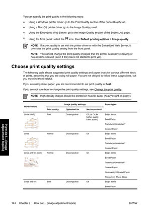 Page 158You can specify the print quality in the following ways:
●Using a Windows printer driver: go to the Print Quality section of the Paper/Quality tab.
●Using a Mac OS printer driver: go to the Image Quality panel.
●Using the Embedded Web Server: go to the Image Quality section of the Submit Job page.
●
Using the front panel: select the 
 icon, then Default printing options > Image quality.
NOTEIf a print quality is set with the printer driver or with the Embedded Web Server, it
overrides the print quality...