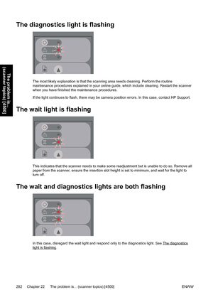 Page 296The diagnostics light is flashing
The most likely explanation is that the scanning area needs cleaning. Perform the routine
maintenance procedures explained in your online guide, which include cleaning. Restart the scanner
when you have finished the maintenance procedures.
If the light continues to flash, there may be camera position errors. In this case, contact HP Support.
The wait light is flashing
This indicates that the scanner needs to make some readjustment but is unable to do so. Remove all
paper...