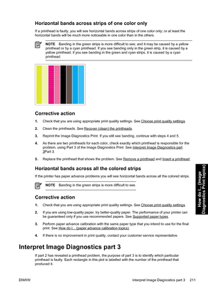 Page 225Horizontal bands across strips of one color only
If a printhead is faulty, you will see horizontal bands across strips of one color only; or at least the
horizontal bands will be much more noticeable in one color than in the others.
NOTEBanding in the green strips is more difficult to see; and it may be caused by a yellow
printhead or by a cyan printhead. If you see banding only in the green strip, it is caused by a
yellow printhead; if you see banding in the green and cyan strips, it is caused by a...