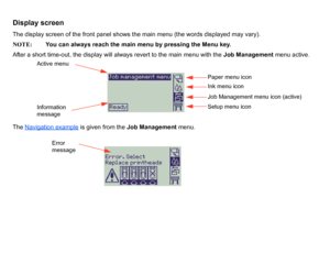 Page 115Display screenThe display screen of the front panel shows the main menu (the words displayed may vary). 
NOTE:You can always reach the main menu by pressing the Menu key.
After a short time-out, the display will always revert to the main menu with the  Job Management menu active.
The  Navigation example
 is given from the Job Management  menu.
Paper menu icon 
Ink menu icon
Job Management menu icon (active)
Setup menu icon
Active menuInformation 
message
Error 
message
 