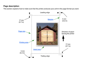 Page 143Page descriptionThis section explains how to make sure that the printer produces your print in the page format you want.
Page size
Margins
Printing area
Inked area
Direction of paper 
leaving the printer
Leading edge
Trailing edge
17 mm
(0.7 in)
5 mm
(0.2 in)
5 mm
(0.2 in)
17 mm
(0.7 in)
 