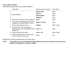 Page 157How to define Palette A
The following steps explain how to define Palette A.
Repeat this procedure to define each of the other pens.
NOTE:The palette you have just defined will take effect only when you select it to be the current 
palette, as explained in To select a palette.
Instructions
Select (using the   keys) Then press:
1.
Select Palette A Set-up menu
Enter
2. HP-GL/2Enter
3. Define paletteEnter
4. Palette AEnter
5. Select pen to change (in this example 3). Pen 3Enter
6. The current width assigned...