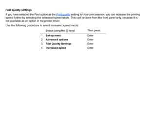 Page 166Fast quality settings
If you have selected the Fast option as the Print quality
 setting for your print session, you can increase the printing 
speed further by selecting the increased speed mode. This can be done from the front panel only, because it is 
not available as an option in the printer driver.
Use the following procedure to select increased speed mode:
Select (using the   keys)  Then press:
1. Set-up menu Enter
2. Advanced options Enter
3. Fast Quality Settings Enter
4. Increased speed Enter
 
