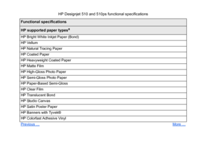 Page 193HP supported paper types
a
HP Bright White Inkjet Paper (Bond)
HP Vellum
HP Natural Tracing Paper
HP Coated Paper
HP Heavyweight Coated Paper
HP Matte Film
HP High-Gloss Photo Paper
HP Semi-Gloss Photo Paper
HP Paper-Based Semi-Gloss
HP Clear Film
HP Translucent Bond
HP Studio Canvas
HP Satin Poster Paper
HP Banners with Tyvek®
HP Colorfast Adhesive Vinyl
Previous …
More …
HP Designjet 510 and 510ps functional specifications
Functional specifications
 