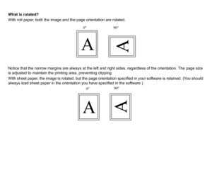 Page 146What is rotated?
With roll paper, both the image and the page orientation are rotated.
Notice that the narrow margins are always at the left and right sides, regardless of the orientation. The page size 
is adjusted to maintain the printing area, preventing clipping.
With sheet paper, the image is rotated, but the page orientation specified in your software is retained. (You should 
always load sheet paper in the orientation you have specified in the software.)
0º
90
º
A
A
0º
90º
A
A
 