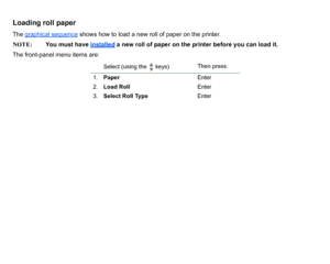 Page 36Loading roll paperThe graphical sequence
 shows how to load a new roll of paper on the printer.
NOTE: You must have installed
 a new roll of paper on the printer before you can load it.
The front-panel menu items are:
Select (using the   keys)  Then press:
1. Paper Enter
2. Load Roll Enter
3. Select Roll Type Enter
 