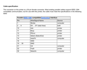 Page 203Cable specification
The connector on the printer is a 36-pin female connector. Most existing parallel cables support IEEE-1284 
compatible communication, but for use with this printer, the cable must meet the specifications in the following 
table:
Parallel (IEEE-1284
 compatible/Centronics
) Interface
Pin
Wire/Signal Name
Source
1 Strobe computer
2 … 9 D0 … D7 (data lines) both
10 Ack printer 
11 B u s y p r i n t e r  
12 PError printer
13 Select (SelectOut) printer
14 AutoFd computer 
16 GND
19 … 30...