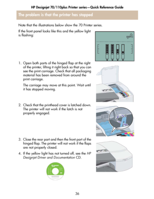 Page 37HP Designjet 70/110plus Printer series—Quick Reference Guide
36
The problem is that the printer has stopped
Note that the illustrations below show the 70 Printer series.
If the front panel looks like this and the yellow light 
is flashing:
1. Open both parts of the hinged flap at the right 
of the printer, lifting it right back so that you can 
see the print carriage. Check that all packaging 
material has been removed from around the 
print carriage.
The carriage may move at this point. Wait until 
it...