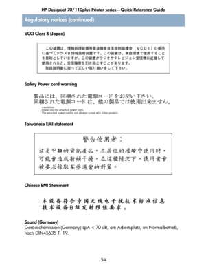 Page 55HP Designjet 70/110plus Printer series—Quick Reference Guide
54 VCCI Class B (Japan)
Safety Power cord warning
Taiwanese EMI statement
Chinese EMI Statement
Sound (Germany)
Geräuschemission (Germany) LpA < 70 dB, am Arbeitsplatz, im Normalbetrieb, 
nach DIN45635 T. 19.
Regulatory notices (continued)
 