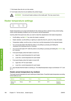 Page 206
7. Print heater (fixes the ink on to the media).
8. Front heater (dries the ink and stabilizes the printed image).
WARNING! Do not touch heater surfaces in th e media path. This may cause burns.
Heater temperature settings
Heater temperatures are preset automatically for th e media type that is selected during media loading.
Under normal operating conditions you do  not need to set the temperature.
Use the printer front panel only when you need to  make fine adjustments to the heater temperature.
●...