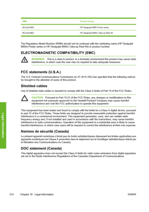 Page 224RMNProduct family
BCLAA-0502HP Designjet 8000 Printer series
BCLAA-0602 HP Designjet 8000s Take-up Reel Kit
The Regulatory Model Number (RMN) should not be confused with the marketing name (HP Designjet
8000s Printer series or HP Designjet 8000s Take-up Reel Kit) or product number.
ELECTROMAGNETIC COMPATIBILITY (EMC)
WARNING!This is a class A product. In a domestic environment this product may cause radio
interference, in which case the user may be required to take adequate measures.
FCC statements...