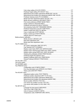 Page 7
Color stripe setting (COLOR STRIPE) ................................................................... 177
Printhead height setting (PH HEIGHT VAL) ...........................................................  177
Bidirectional print position adjustment (BIDIR  DEF VALUE) ..................................  177
Bidirectional print position fine adjustm ent (BIDIR FINE VALUE) ..........................  178
Printhead cleaning mode (PH CLEANING)  ....................................