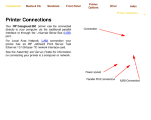 Page 16Using this GuideIntroducing Your 
HP DesignJet 800 PrinterFront View of PrinterPrinter Connections

Media & Ink IntroductionFront Panel OtherPrinter 
OptionsIndex  Solutions
Printer ConnectionsYo u r  HP DesignJet 800 printer can be connected
directly to your computer via the traditional parallel
interface or through the Universal Serial Bus (USB
)
port. 
For Local Area Network (LAN
) connection your
printer has an HP JetDirect Print Server Fast
Ethernet 10/100 base TX network interface card. 
See the...