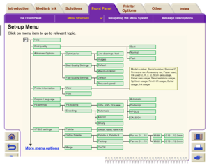 Page 125The Front PanelMenu Structure

Navigating the Menu System Message Descriptions
Media & Ink IntroductionFront PanelOther Printer 
OptionsIndex  Solutions
Set-up MenuClick on menu item to go to relevant topic.
HelpPrint qualityPrinter InformationModel number, Serial number, Service ID, 
Firmware rev, Accessory rev, Paper used, 
Ink used (c, m, y, k), Scan axis usage, 
Paper axis usage, Service station usage,  
Spittoon usage, Pinch-lift usage, Cutter 
usage, Ink usage.
NormalFastBest
Advanced Options
Best...