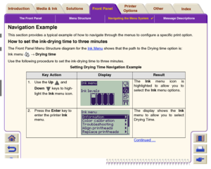 Page 128The Front Panel Menu StructureNavigating the Menu System

Message Descriptions
Media & Ink IntroductionFront PanelOther Printer 
OptionsIndex  Solutions
Navigation ExampleThis section provides a typical example of how to navigate through the menus to configure a specific print option.How to set the ink-drying time to three minutesThe Front Panel Menu Structure diagram for the Ink Menu
 shows that the path to the Drying time option is:
Ink menu  → Drying time
Use the following procedure to set the...