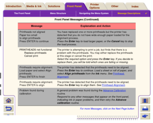 Page 141The Front Panel Menu Structure Navigating the Menu SystemMessage Descriptions

Media & Ink IntroductionFront PanelOther Printer 
OptionsIndex  Solutions
Printheads not aligned
Paper too small
to align printheads
Press ENTER to continue
You have replaced one or more printheads but the printer has 
detected that you do not have wide enough paper loaded for the 
alignment process.
Press the Enter key to load larger paper, or the Cancel key to stop 
the load process.
PRINTHEADS not functional
Replace...