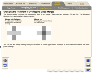 Page 168Page FormatSetting Page Size in the 
Front PanelImage Appearance

Print Management Printer Configuration
Media & Ink Introduction Front Panel OtherPrinter 
OptionsIndex  Solutions
Changing the Treatment of Overlapping Lines (Merge)The Merge setting controls the overlapping lines in an image. There are two settings, Off and On. The following
illustration shows the effect of each setting.
You can set the merge setting from your software in some applications. Settings in your software override the front-...