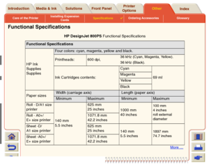 Page 219Care of the PrinterInstalling Expansion 
CardsSpecifications

Ordering Accessories Glossary
Media & Ink Introduction Front PanelOther Printer 
OptionsIndex  Solutions
Functional Specifications
HP DesignJet 800PS Functional Specifications
Functional Specifications
HP Ink 
Supplies 
Supplies
Four colors: cyan, magenta, yellow and black. 
Printheads:
600 dpi, 36 kHz (Cyan, Magenta, Yellow).
36 kHz (Black).
Ink Car tridges contents:Cyan
69 ml Magenta
Ye l l o w
Black
Pap er s ize s Width (carriage axis)...