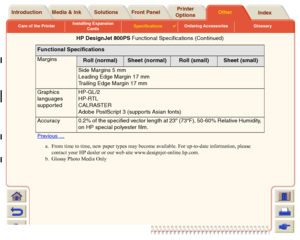 Page 222Care of the PrinterInstalling Expansion 
CardsSpecifications

Ordering Accessories Glossary
Media & Ink Introduction Front PanelOther Printer 
OptionsIndex  Solutions
Margins
Roll (normal)
Sheet (normal)
Roll (small)
Sheet (small)
Side Margins 5 mm
Leading Edge Margin 17 mm
Trailing Edge Margin 17 mm
Graphics 
languages 
supported HP-GL/2 
HP-RTL
CALRASTER
Adobe PostScript 3 (supports Asian fonts)
Accuracy 0.2% of the specified vector length at 23º (73ºF), 50-60% Relative Humidity, 
on HP special...