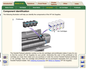 Page 50Media Choice Roll Media Sheet MediaInk System

Ink Cartridges Printheads
Media & Ink Introduction Front Panel OtherPrinter 
OptionsIndex  Solutions
Component identificationThe following illustration will help you identify the components of the HP Ink Supplies.
The Hewlett-Packard selection number on the ink car tridges and printheads makes it easy for you
to find the correct HP Ink Supplies for your printer. Determine the color of the printhead or ink
car tridge you need, then make sure you purchase or...