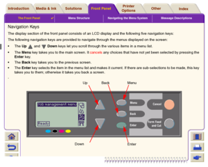 Page 118The Front Panel

Menu Structure Navigating the Menu System Message Descriptions
Media & Ink IntroductionFront PanelOther Printer 
OptionsIndex  Solutions
Navigation KeysThe display section of the front panel consists of an LCD display and the following five navigation keys:
The following navigation keys are provided to navigate through the menus displayed on the screen:
The Up
  
and  Down keys let you scroll through the various items in a menu list.
The Menu key takes you to the main screen. It...