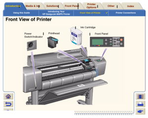 Page 15Using this GuideIntroducing Your 
HP DesignJet 800PS PrinterFront View of Printer

Printer Connections
Media & Ink
Introduction
Front Panel
Other
Printer 
Options
Index 
Solutions
Front View of Printer
Power 
Switch/IndicatorPrinthead
Ink Car tridge
Front Panel
 